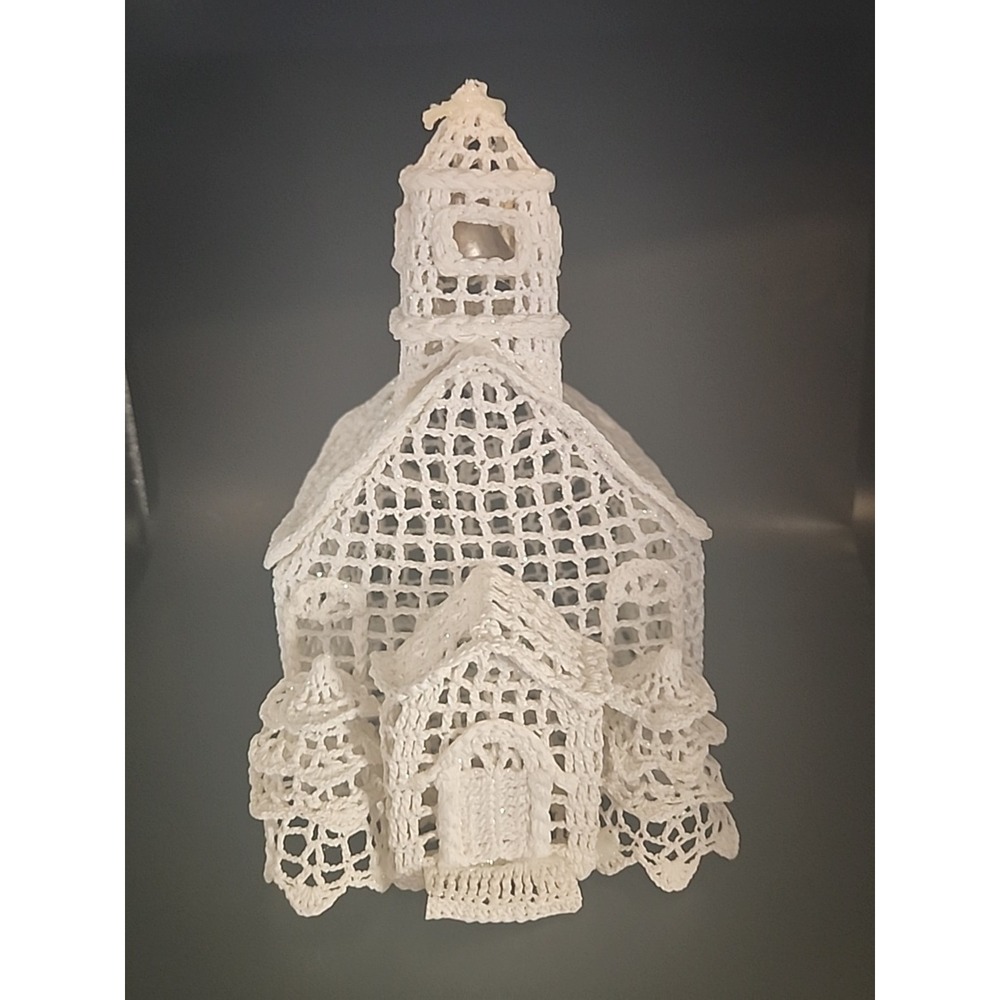 Vintage Handmade‎ Glittery Yarn Crocheted Standing Church With Bell In Steeple